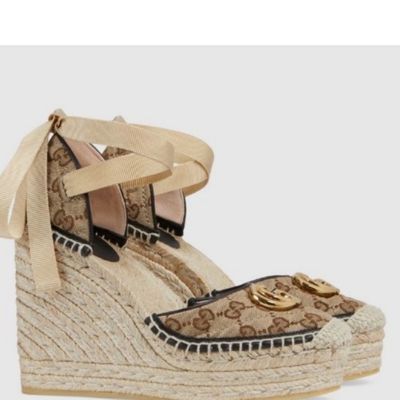 Gucci Pillar GG Ankle Tie Espadrille Platform Wedges - Picture 1 of 10